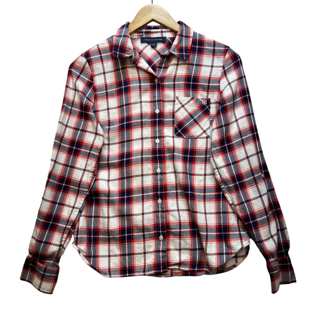 Tommy Hilfiger Womens Boyfriend Shirt S Red Long Sleeve Western  Plaid Button-Up